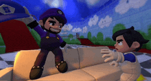 a cartoon character with the letter s on his cap