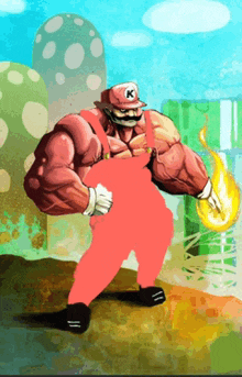 a cartoon of mario with a k on his hat holding a fireball