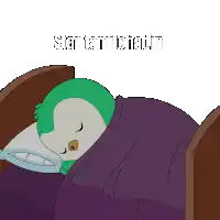 a cartoon of a penguin sleeping in a bed