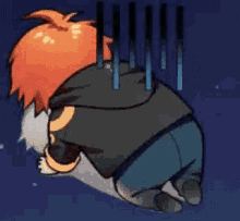 a cartoon of a person kneeling down with a hoodie on and tears coming out of his eyes .