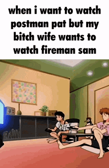 a group of people are sitting in a living room watching fireman sam