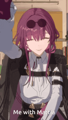 a picture of a girl with purple hair and the words me with mattia on the bottom
