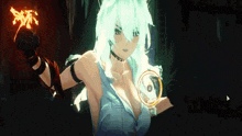 a woman with white hair is holding a fire in her hand