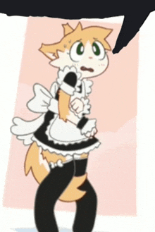 a cartoon drawing of a cat wearing a maid outfit and knee high socks .