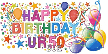 a happy birthday sue sign with balloons stars and streamers