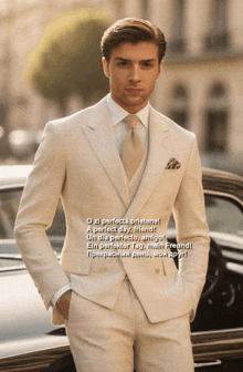 a man in a suit stands in front of a car
