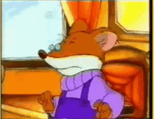 a cartoon mouse wearing a purple sweater and overalls