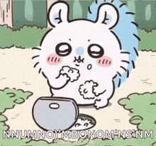 a cartoon rabbit is eating rice from a bowl in the grass .