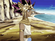 a cartoon character is standing on a sandy beach near a body of water