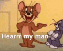 a cartoon of jerry and tom standing next to each other and talking .