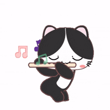 cat tuxedo blushed playing flute dancing