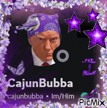 a picture of a man with a bird on his head with the name cajunbubba on it