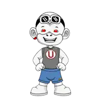 a cartoon character wearing a shirt with a letter u on it