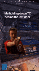 a screenshot of a video game shows a man holding down a tc behind the last door