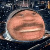 a close up of a person 's face on a plate with a city background