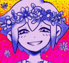 a drawing of a girl with a flower crown on her head is smiling .