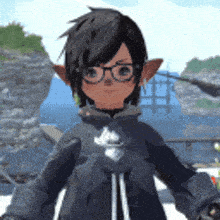 a cartoon character wearing glasses and a black jacket .