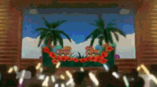a painting of palm trees and flowers in a room