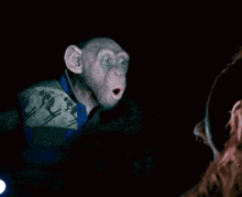 a chimpanzee wearing a sweater with skiers on it stands in the dark