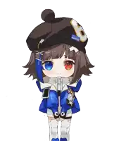 a chibi girl wearing a hat with the number 6 on it is surrounded by hearts