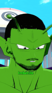 a green cartoon character with a beard and the word imbecile on the bottom