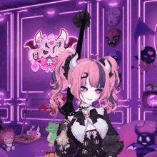 a girl with pink hair and horns is standing in front of a purple wall with a sign that says ' amour '