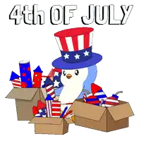 a penguin in an uncle sam hat sits in a box of fireworks
