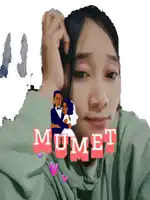 a woman with a picture of a bride and groom and the word mumet in red