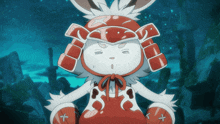 a cartoon rabbit wearing a red helmet with a cross on the bottom
