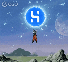 a cartoon character is flying through the air holding a blue circle with the letter h on it