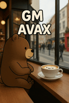 a gm avax poster with a bear and a cup of cappuccino