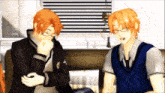 two anime characters are sitting on a couch with one covering his mouth