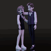 a boy and a girl are standing next to each other and the girl has a microphone on her mouth