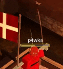 a person is standing in front of a red flag with a white cross on it in a video game .