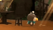 a cartoon character is standing on a wooden floor in a room with a stool .