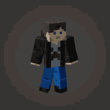 a minecraft character wearing a black jacket and a grey shirt with the letter h on it