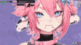 a girl with pink hair and blue eyes is playing a game