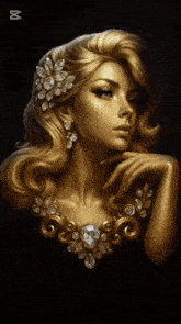 a woman with gold hair is wearing a necklace with diamonds