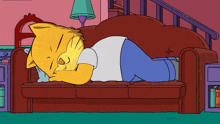 a cartoon of homer simpson laying on a couch covering his face