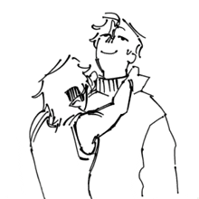 a black and white drawing of a person holding another person 's arm .