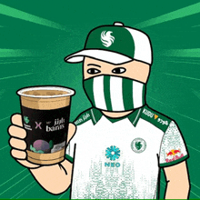a cartoon of a man holding a cup that says banks