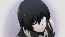 a black and white anime character with long black hair is covering his ears with his hand .