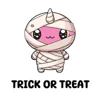 a pink mummy with a unicorn horn and the words trick or treat below it