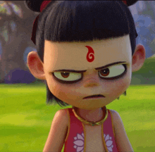 a cartoon character with a red flame on her forehead