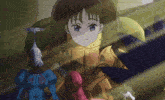a girl with purple eyes is standing next to a statue of a whale