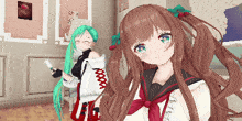 two anime girls are standing next to each other with one wearing a shirt that says tfl on it