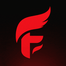 a red flame with the letter f in the middle on a black background