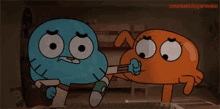 gumball and darwin from the amazing world of gumball are fighting each other