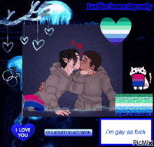 a picture of two men kissing with the words lucifer loves jay only on the top