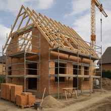 a house under construction with scaffolding and a crane in the background